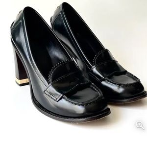 Tory Burch Black Chunky Heel Round Toe Penny Loafer Pumps